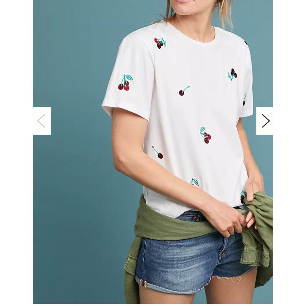 Banner Day Short Sleeve Cherry Embroidered Pullover Top White Womens Size M